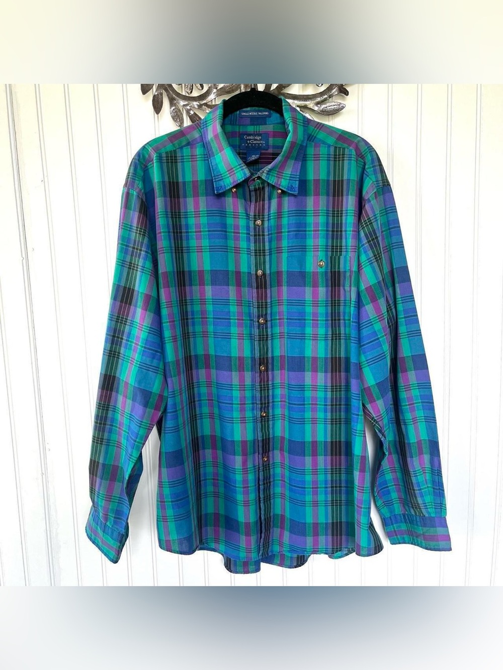 Cambridge Classics from Mervyns green, blue, and purple plaid button up shirt
